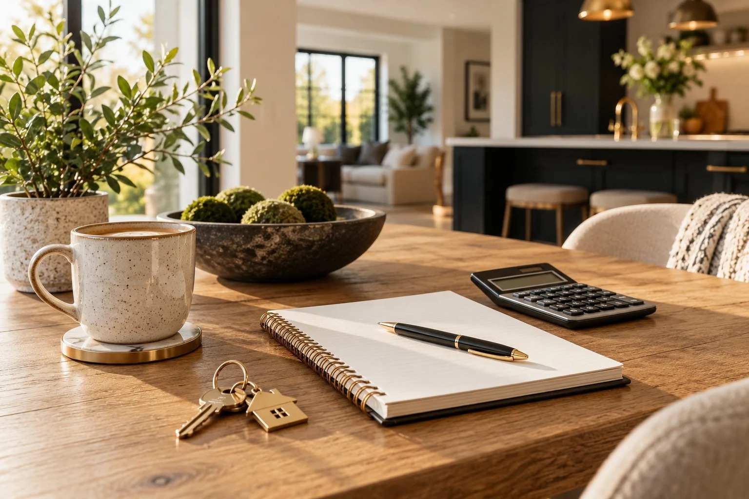 Illustrative keys, notebook and calculator on a home planning table