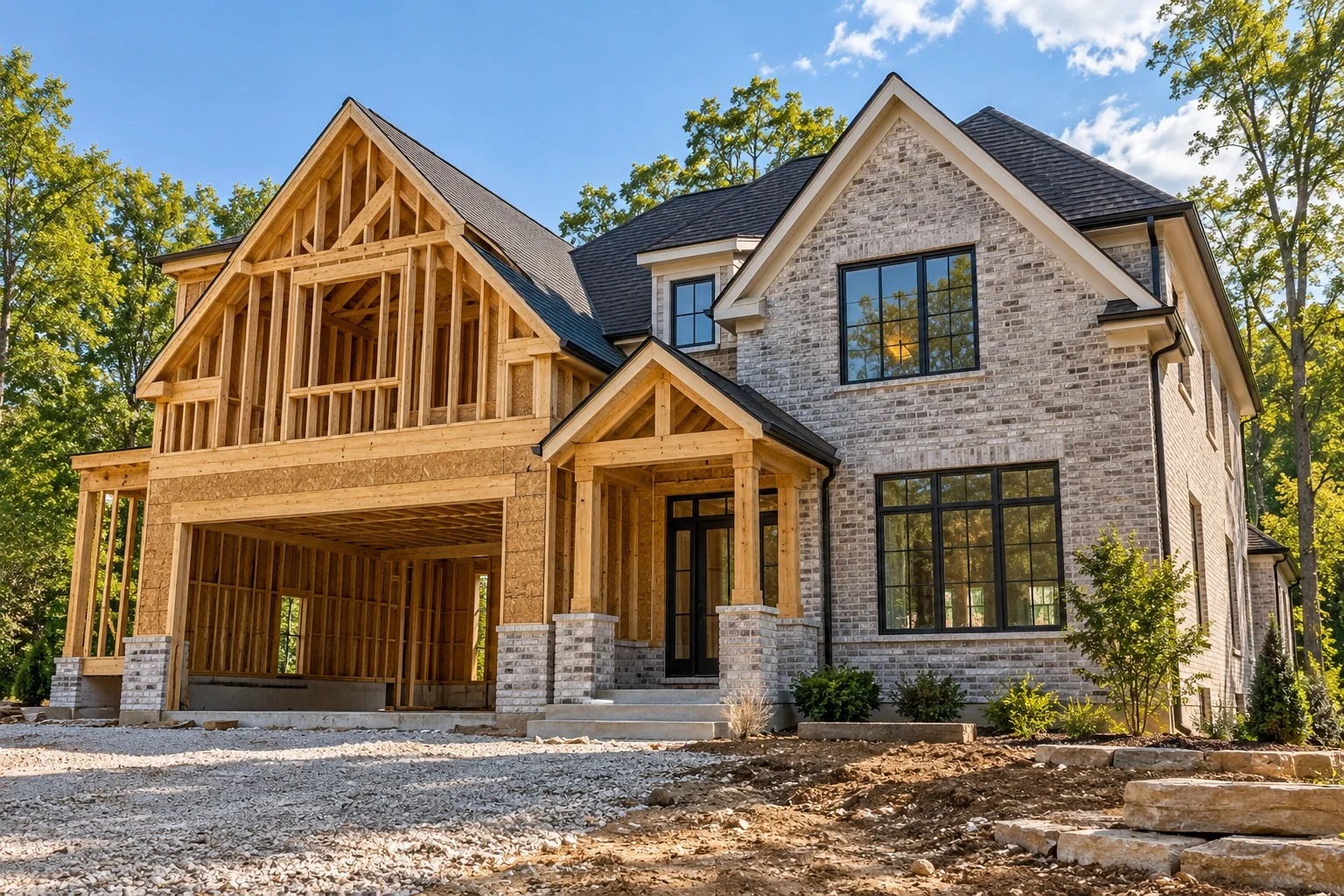Conceptual illustration of a house with exposed framing and a brick exterior