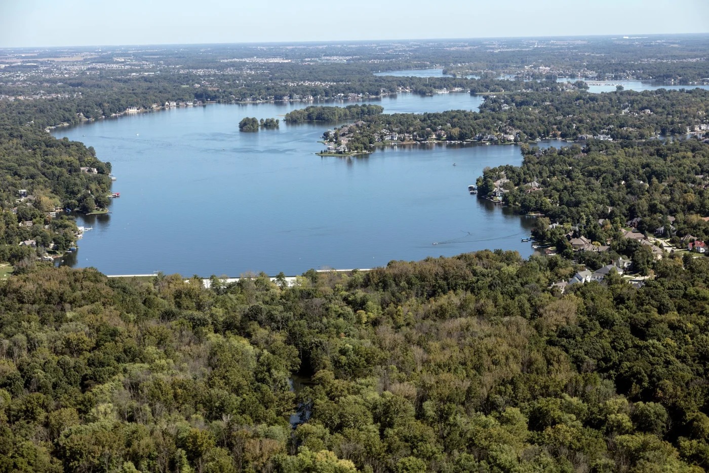Aerial photograph of Geist Reservoir and surrounding Fishers neighborhoods