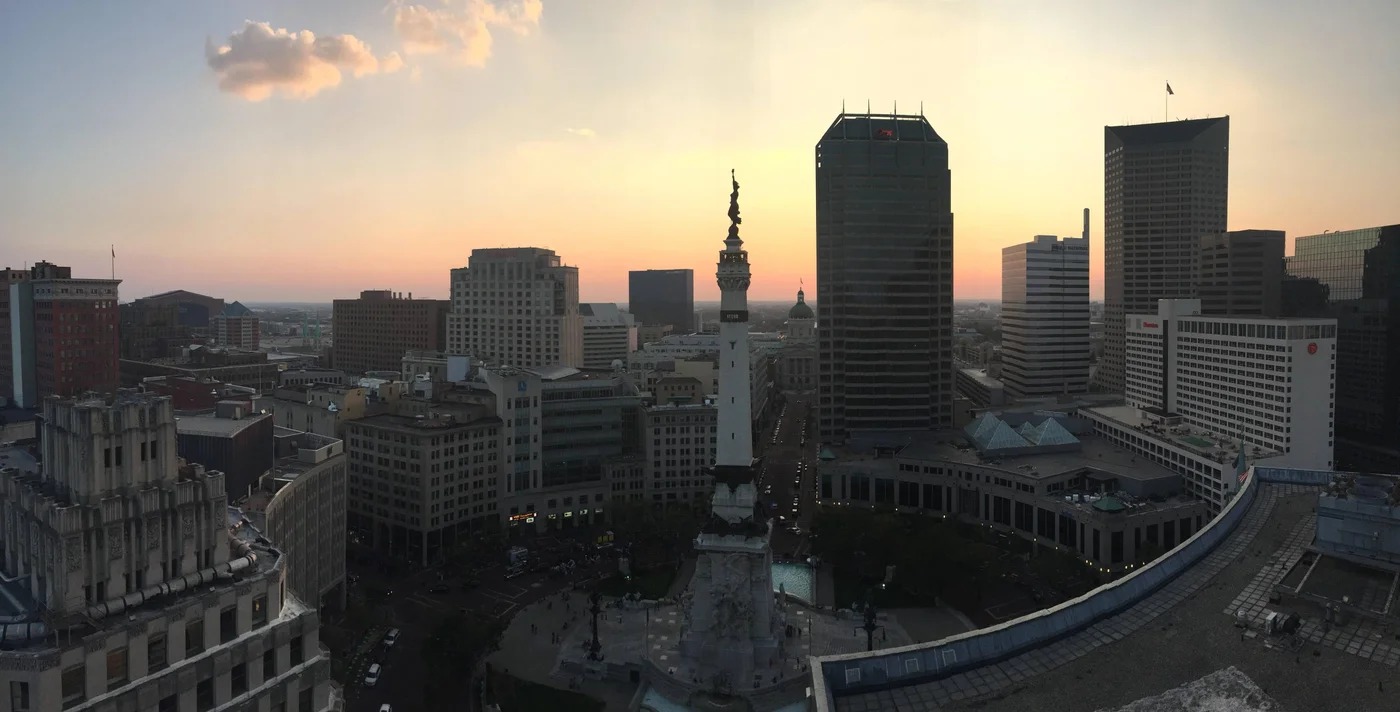 Downtown Indianapolis skyline and Monument Circle at sunset